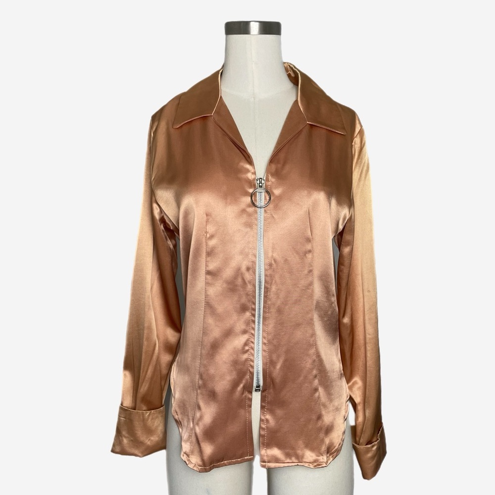 Vintage 90s Club 15th copper rose gold zip front collar satin top disco retro S